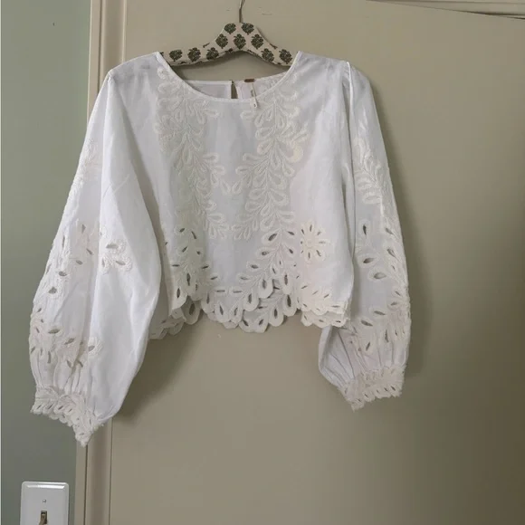 Free People Oleander Top White Embroidered Eyelet Peasant Blouse - Picture 3 of 4